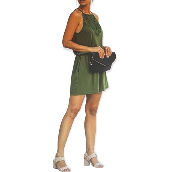 Pants - Women's XL Army Green Sleeveless Crochet Front Romper